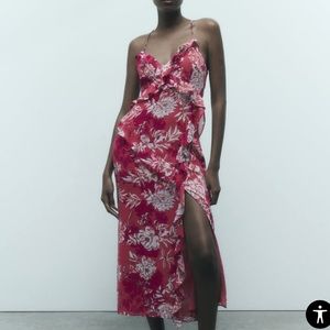 Zara women’s RUFFLED PRINT DRESS vneck open back side slit midi dress NWT small